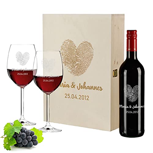 polar-effekt 4-TLG graviertes Geschenkset | personalisierte 700 ml Weinflasche, Holzkiste und 2 Weingläser | Hochzeitstag, Romantik, Liebe | Motiv Herzen von polar-effekt