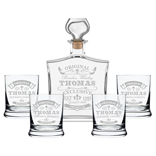 polar-effekt 5-TLG Geschenk-Set mit Whiskeyflasche und 4 Whiskygläser - Edle Glas-Karaffe Inhalt: 700ml - Personalisiert mit Gravur - Motiv Original-Exklusive von polar-effekt