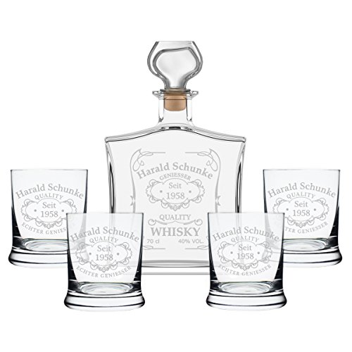 polar-effekt 5-TLG Geschenk-Set mit Whiskeyflasche und 4 Whiskygläser - Edle Glas-Karaffe Inhalt: 700ml - mit Gravur Motiv Quality Whisky von polar-effekt