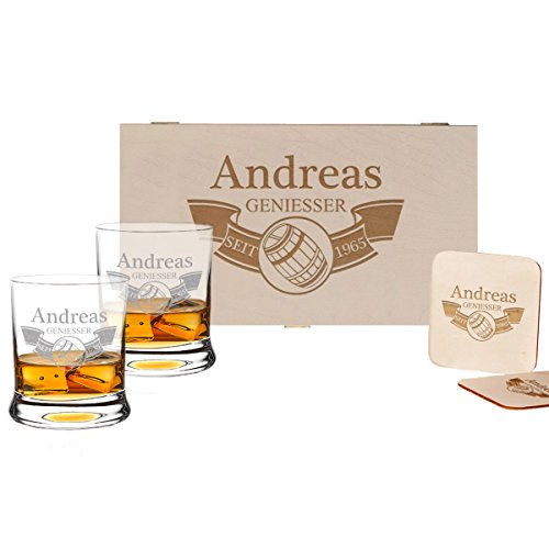 5-TLG Whisky Geschenk-Set - 2 Leonardo Whiskygläser, 2 Untersetzer in Holzbox - Geschenkidee für Männer und Frauen - Personalisiert mit Gravur - Banner mit Fass von polar-effekt