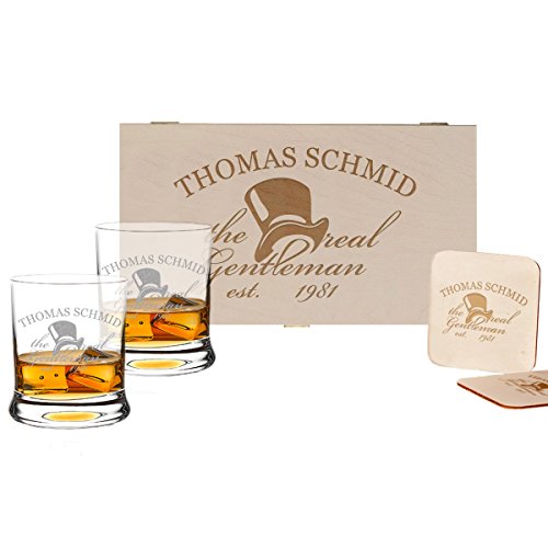 polar-effekt 5-TLG Whisky Geschenk-Set - 2 Leonardo Whiskygläser, 2 Untersetzer in Holzbox - Individueles Geschenkidee für Männer - Personalisiert mit Gravur - a Gentleman von polar-effekt