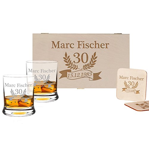 polar-effekt 5-TLG Whisky Geschenk-Set - 2 Leonardo Whiskygläser, 2 Untersetzer in Holzbox - Individueles Geschenkidee zum Geburtstag - Personalisiert mit Gravur - Jubiläum von polar-effekt