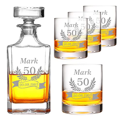 polar-effekt 5-TLG Whisky Set mit personalisierter Wunschgravur - Motiv: Jubiläum Ährenkranz - quadratisch - 1x Dekanter 700 ml, 4X Whiskygläser 320 ml - von Hand gefertigt - Deko für Bar, Wohnzimmer von polar-effekt