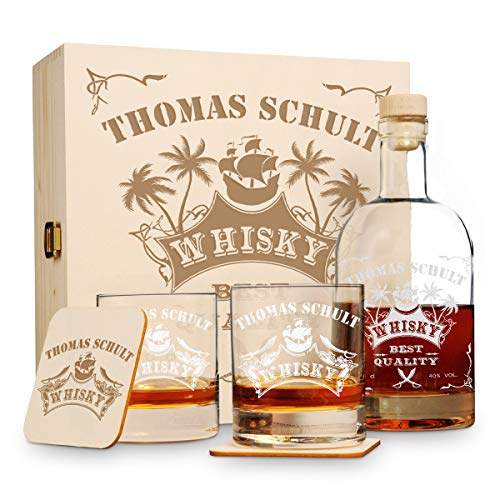 polar-effekt 6 TLG Geschenk-Set in Holzkiste mit Gravur - 2 Whiskygläser, 2 Untersetzer und Whisky-Karaffe in Geschenk-Box - Geburtstagsgeschenk für Männer - Motiv Piratenschiff von polar-effekt