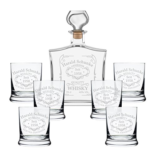 polar-effekt 7-TLG Geschenk-Set mit Whiskeyflasche und 6 Whiskygläser - Edle Glas-Karaffe Inhalt: 700ml - Personalisiert mit Gravur Motiv Quality Whisky von polar-effekt