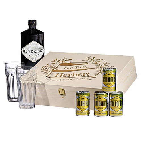 polar-effekt 8-TLG Gin & Tonic Geschenk-Set Personalisiert mit Hendricks - Longdrink-Glas in Geschenkbox mit Gravur - Motiv Vintage Gin von polar-effekt