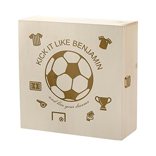 polar-effekt Aufbewahrungsbox Gravur - Große Holzkiste mit Deckel Natur 27x27cm – Geschenk für Jungen Spielzeug-Truhe - Holzbox Allzweck-Kiste aus Holz Kleiner Fußballer von polar-effekt
