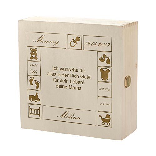 polar-effekt Aufbewahrungsbox mit Gravur - Große Holzkiste mit Deckel Natur 27x27cm – Personalisierte Geschenkidee zur Geburt oder Taufe - Allzweck-Kiste aus Holz - Motiv Baby mit Wunschtext von polar-effekt