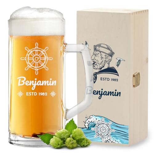 polar-effekt Bierkrug 0,5 L mit Gravur und Holzkiste mit UV-Druck - Personalisiertes Geschenk-Set mit Namen - Ideal als Geburtstagsgeschenk - Für Pils und Export von polar-effekt