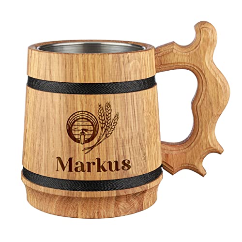 polar-effekt Bierkrug mit Namensgravur - aus Eichenholz - 500 ml Fassungsvolumen - Naturprodukt 19,5 cm - Geschenk für Männer - Geburtstag, Weihnachten - Motiv Fass mit Ähren von polar-effekt