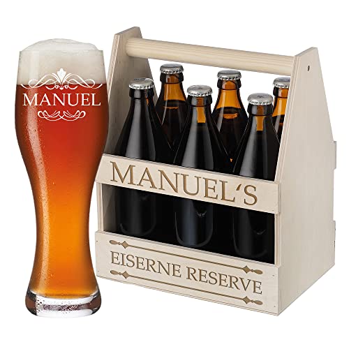 polar-effekt Bierträger aus Holz + Weizenglas mit Gravur personalisiert 1x Flaschenhalter Männerhandtasche - 1x Weißbierglas zum Geburtstag für Männer von polar-effekt
