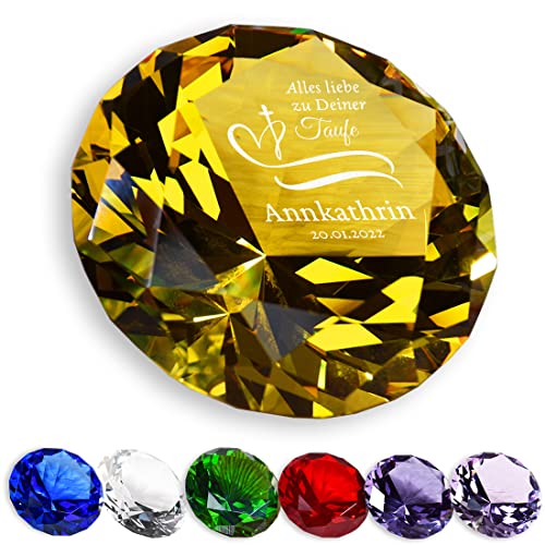 polar-effekt Deko-Stein Diamantförmig aus Glas in Gelb mit Wunschgravur Motiv Herz - mit Namen veredelt - Kristall Diamant für Kinder - das perfekte Taufgeschenk - für kirchliche Anlässe von polar-effekt