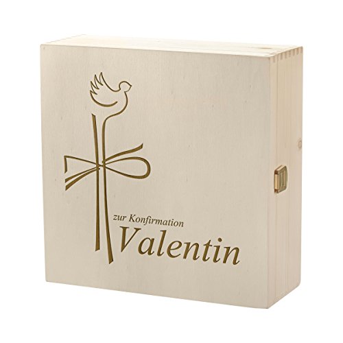 polar-effekt Erinnerungsbox mit Gravur - Große Holzkiste mit Deckel Natur 27x27cm – Geschenk zur Konfirmation oder Taufe – Personalisierte Holzbox – Motiv Christuskreuz für kirchliche Anlässe von polar-effekt