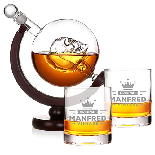 polar-effekt Whiskyset Globus Totenkopf Karaffe 850 ml Set mit Gravur mit 2X personalsierte Whiskygläser Tumbler 315 ml Geschenk für Männer zum Geburtstag von polar-effekt