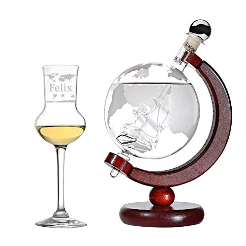 polar-effekt Grappa-Set Personalisiert - Flasche Welt Dekanter und Schiff Globus befüllt 500 ml Grappa - Grappaglas 87ml Grappakelch mit Gravur - Geschenkverpackung - Motiv Weltkarte von polar-effekt