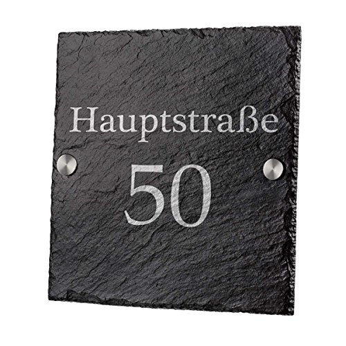 polar-effekt Hausnummerschild aus Schiefertafel - Türschild Personalisiert mit Gravur - Geschenk zum Einzug - Schieferplatte 20x20 cm Namensschild - Motiv Straßenname und Hausnummer von polar-effekt