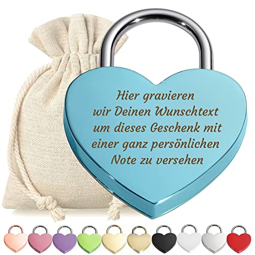 Herz Liebes-Schloss Bügelschloss Vorhängeschloss Blau Gravur mit Schlüssel - Wunschtext - Metall eloxiert - Geschenkbeutel - Geschenk Liebesgeschenk Valentinstag Jahrestag - Paar Ehepaar von polar-effekt