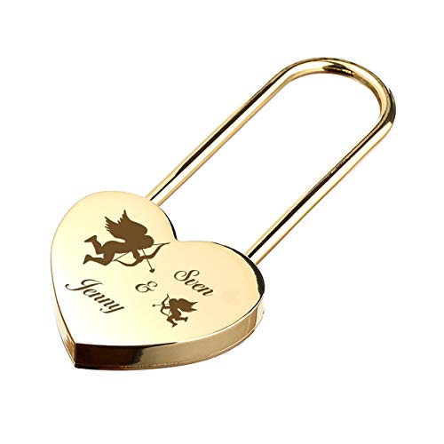 Herz Liebesschloss GOLD mit 2 Seitige Gravur - Personalisiertes Schloss - Geschenk für Paare & Verliebte - Motiv Amors Pfeil von polar-effekt