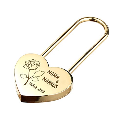 Herz Liebesschloss GOLD mit 2 Seitige Gravur - Personalisiertes Schloss - Geschenk für verliebte zum Valentinstag - Motiv eine Rose der Liebe von polar-effekt