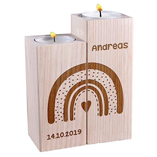 polar-effekt Kerzenständer 2er-Set aus Holz mit Gravur - Motiv: Regenbogen - mit Wunschname - personalisierte Geschenkidee - Taufe, Kommunion - extrem widerstandsfähig - für Jungen, Mädchen - Kerzen von polar-effekt