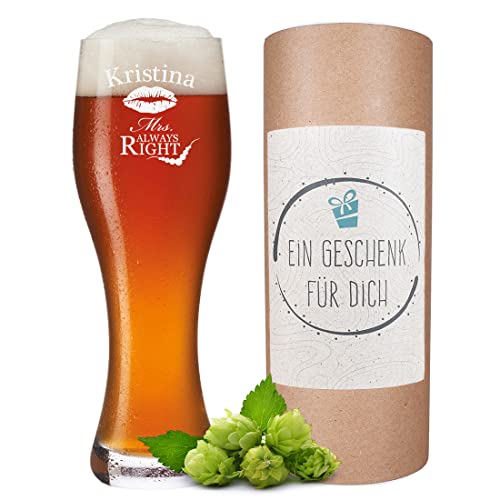 polar-effekt Leonardo Weizenbierglas - 0,5 Liter - Geschenk für Frau - personalisiert Spülmaschinengeeignet - Motiv Mrs. Always Right - Bierglas mit Wunschgravur von polar-effekt