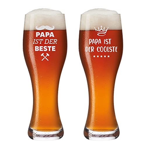 polar-effekt Leonardo Weizenbierglas 2er Set 0,5 L mit Wunschmotiv - mit Wunschname - für Biergenießer - Geschenk für Papa - Vatertag - Weihnachten - Motiv Papa ist der Beste und coolste Papa von polar-effekt