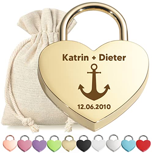 polar-effekt Liebeschloss Herzschloss Schloss Gold mit personalisierter Gravur - Motiv Anker - Metall Vorhängeschloss - Stoffbeutel - Geschenk Jahrestag, Valentinstag - für Sie und Ihn - Liebe, Love polar-effekt Liebeschloss Herzschloss Schloss Gold mit personalisierter Gravur - Motiv Anker - Metall Vorhängeschloss - Stoffbeutel - Geschenk Jahrestag, Valentinstag - für Sie und Ihn - Liebe, Love von polar-effekt