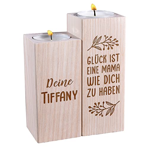 polar-effekt Personalisierte Kerzenständer 2er-Set aus Holz mit Gravur - Motiv: Glück - mit Name - Geschenkidee Geburtstag, Muttertag - Tischdeko, Deko - robust, widerstandsfähig - für Mama, Mutter von polar-effekt