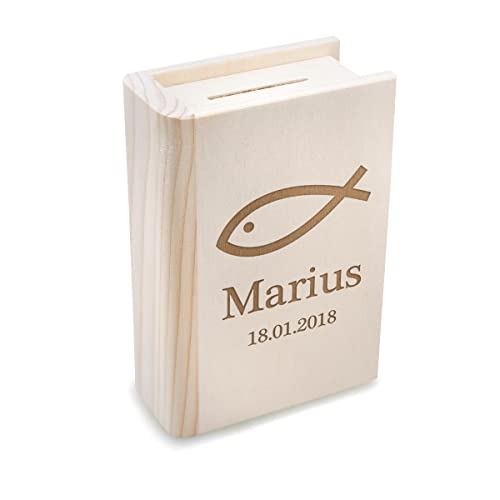 polar-effekt Personalisierte Spardose aus Holz in Buchform - mit Wunschgravur - Naturprodukt Kiefer - Geschenkidee für Jungs und Mädchen - Taufgeschenk Kirche - Konfirmation, Kommunion - Motiv Fisch von polar-effekt