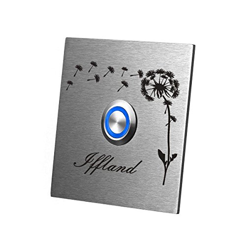 polar-effekt Personalisierte Türklingel aus Edelstahl V2a - 7x7 cm Klingelschild mit Gravur - Klingelknopf BLAU - Klingelplatte Geschenk zum Einzug [mit Silikon] Motiv: Pusteblume von polar-effekt