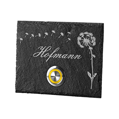 polar-effekt Personalisierte Türklingel aus Schiefer - 100x80 mm Klingelschild mit Gravur - Klingelknopf GELB - Klingelplatte Geschenk zum Einzug [mit Edelstahlklammer] Motiv: Pusteblume von polar-effekt