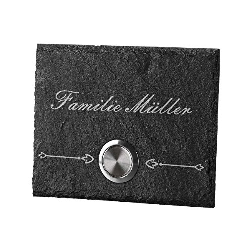 polar-effekt Personalisierte Türklingel aus Schiefer - 100x80 mm Klingelschild mit Gravur - Klingelknopf OHNE LED - Klingelplatte Geschenk zum Einzug [mit Edelstahlklammer] Motiv: Familienname von polar-effekt