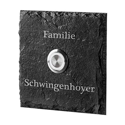 polar-effekt Personalisierte Türklingel aus Schiefer - 90x90 mm Klingelschild mit Gravur - Klingelknopf Weiss - Klingelplatte Geschenk zum Einzug [mit Silikon] Motiv: Familie von polar-effekt
