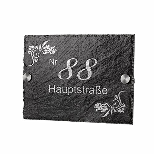 polar-effekt Schiefertafel Türschild Personalisiert mit Gravur - Hausnummerschild Geschenk für Familien zum Einzug - Schieferplatte Namensschild für Haustür - Motiv Ornamente Blumen von polar-effekt