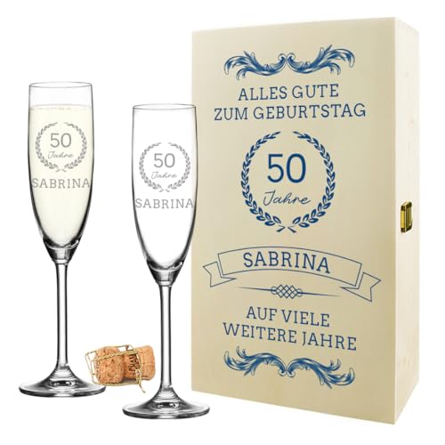 polar-effekt Sekt-Set 3-teilig 2 Sektgläser 200 ml & Kiste aus Holz mit UV-Druck - Jubiläumsgeschenk für Frauen - individuell personalisiert - vintage Design von polar-effekt