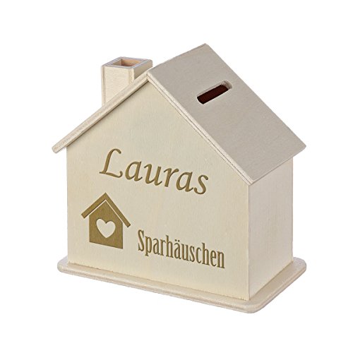 polar-effekt Spardose Haus mit Gravur - Sparbüchse aus Holz - Geldgeschenk zur Hochzeit, Geburtstag, Einzug, Geburtstage - Personalisierte Sparbüchse - Motiv Häuschen mit Herz von polar-effekt