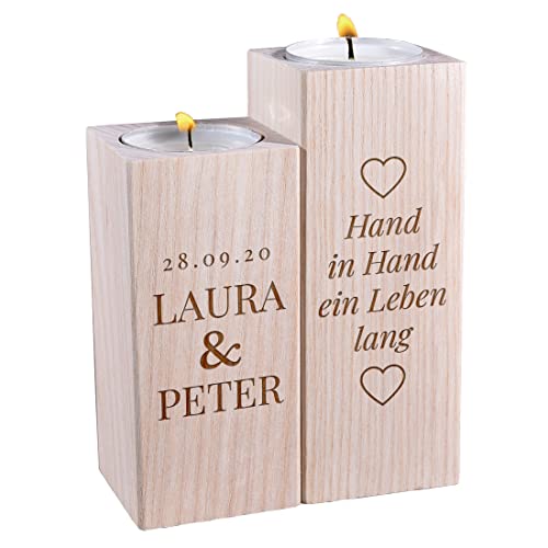 polar-effekt Teelichthalter 2er-Set aus Holz mit Gravur - Motiv: Hand in Hand - personalisierte Geschenkidee - Deko für Wohnzimmer - individueller Kerzenhalter - Hochzeit, Jahrestag - für Ehepaare von polar-effekt