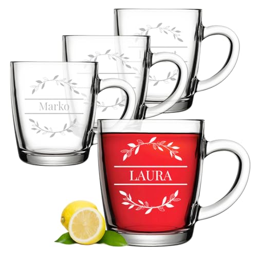 polar-effekt Teetasse 340 ml aus Glas 4er-Set mit personalisierter Gravur - Trinkglas mit Namen - hitzebeständiger Becher für Kaffee, Tee und Espresso von polar-effekt