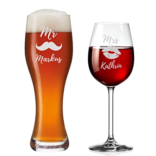 polar-effekt Weinglas und Weizenbierglas 2er-Set - mit personalisierter Gravur - Wunschname - Geschenk für Paare, Ehepaare - für Weißbierglas und Weißweinglas - Mann und Frau von polar-effekt