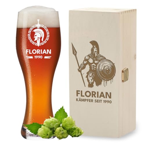 polar-effekt Weizenbierglas 0,5 Liter und Holzkiste mit personalisierter Gravur - Geburtstagsgeschenk für Männer - Spülmaschinenfestes Weißbierglas - BPA-Frei von polar-effekt