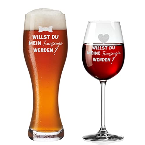 polar-effekt Bierglas und Weinglas 2er-Set mit Gravur - Willst du Trauzeuge & Trauzeugin Werden Geschenkidee - für Mann und Frau - Hochzeitsplanung von polar-effekt
