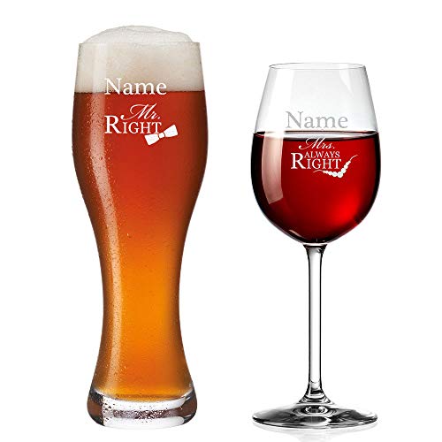 polar-effekt Weizenglas und Weinglas Personalisiert mit Gravur - Mr. & Mrs. Always Right - Geschenk zur Verlobung, Hochzeit für Paare von polar-effekt