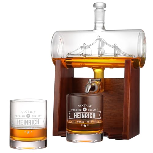 polar-effekt Whisky Dekanter 1000 ml Set & 2 Whiskygläser 320 ml mit Gravur - Geschenkset zum Geburtstag & Vatertag - Karaffe mit 2 Gläser, Holzständer und Zapfhahn von polar-effekt