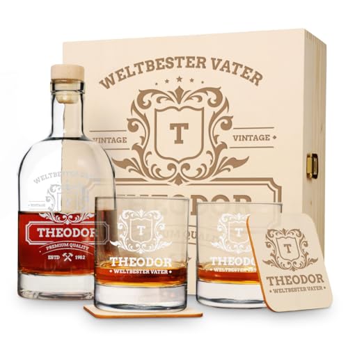 polar-effekt Whisky Karaffe 700 ml Geschenk-Set mit Gravur Weltbester Vater - 2X Whiskey Gläser 320 ml, 1x Holzkiste, 2X Untersetzer - Geschenk zum Geburtstag von polar-effekt