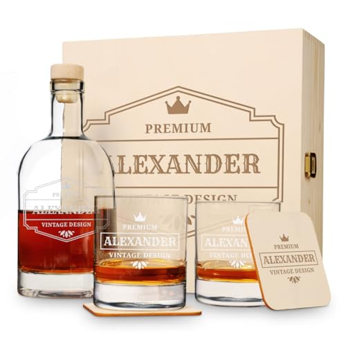 polar-effekt Whisky-Set 6-Teilig Vintage mit personalisierter Gravur - Geschenke für Männer & Väter - 1x Holzbox, 2x Untersetzer, 2x Gläser & 1 Flasche - Mit Namen graviert von polar-effekt