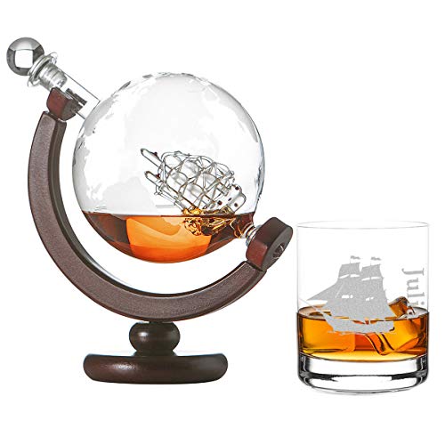 polar-effekt Whisky-Set Globus mit Weltkarte - 1 Whiskyglas Tumbler mit Gravur Motiv Segelschiff - Whisky Flasche, Weltkugel Dekanter aus Glas 850ml - Geschenk zum Geburtstag von polar-effekt