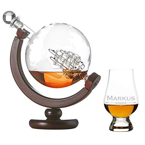 polar-effekt Whiskykaraffe Globus Segelschiff mit Weltkarte - 1 Nosing Glas Tumbler mit Gravur Motiv Rule Ornament - Whisky Flasche Weltkugel Dekanter 850ml - Geschenkidee von polar-effekt