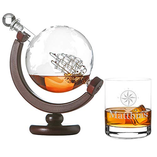 polar-effekt Whiskykaraffe Globus Segelschiff mit Weltkarte - 1 Whiskyglas Tumbler mit Gravur Motiv Kompass - Whisky Flasche, Weltkugel Dekanter aus Glas 850ml - Geburtstagsgeschenk für Männer von polar-effekt