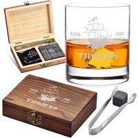 5-Tlg Whisky Geschenkset Eiswürfel Mit Personalisierter Holzkiste Und Whiskyglas - Wiederverwendbar Longdrinks Geschenk Motiv Schiff von polareffekt