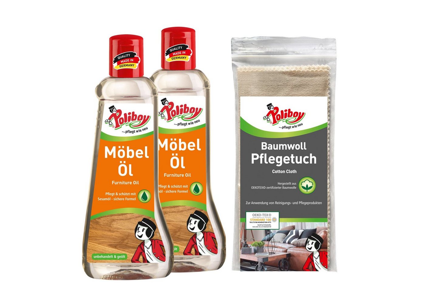 poliboy 2x200 ml Möbel Öl + Baumwoll Pflegetuch Möbelreiniger (Reinigungsset zur Pflege von Möbeln aus Holz - Made in Germany) von poliboy